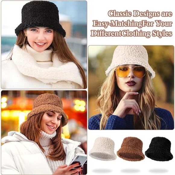 3 Pieces Women\'s Winter Fuzzy Bucket Hat main image 6